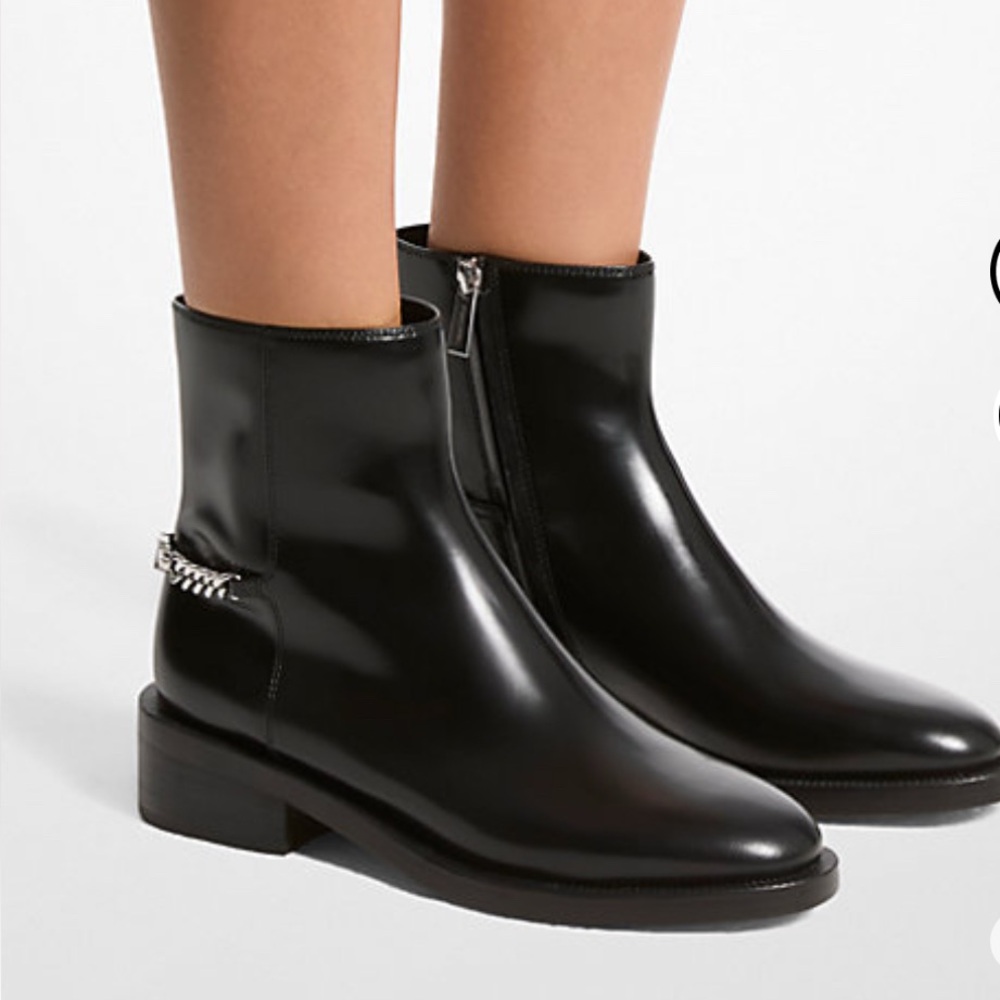 Michael Kors Glossy Black Ankle Boots with Chain Accent